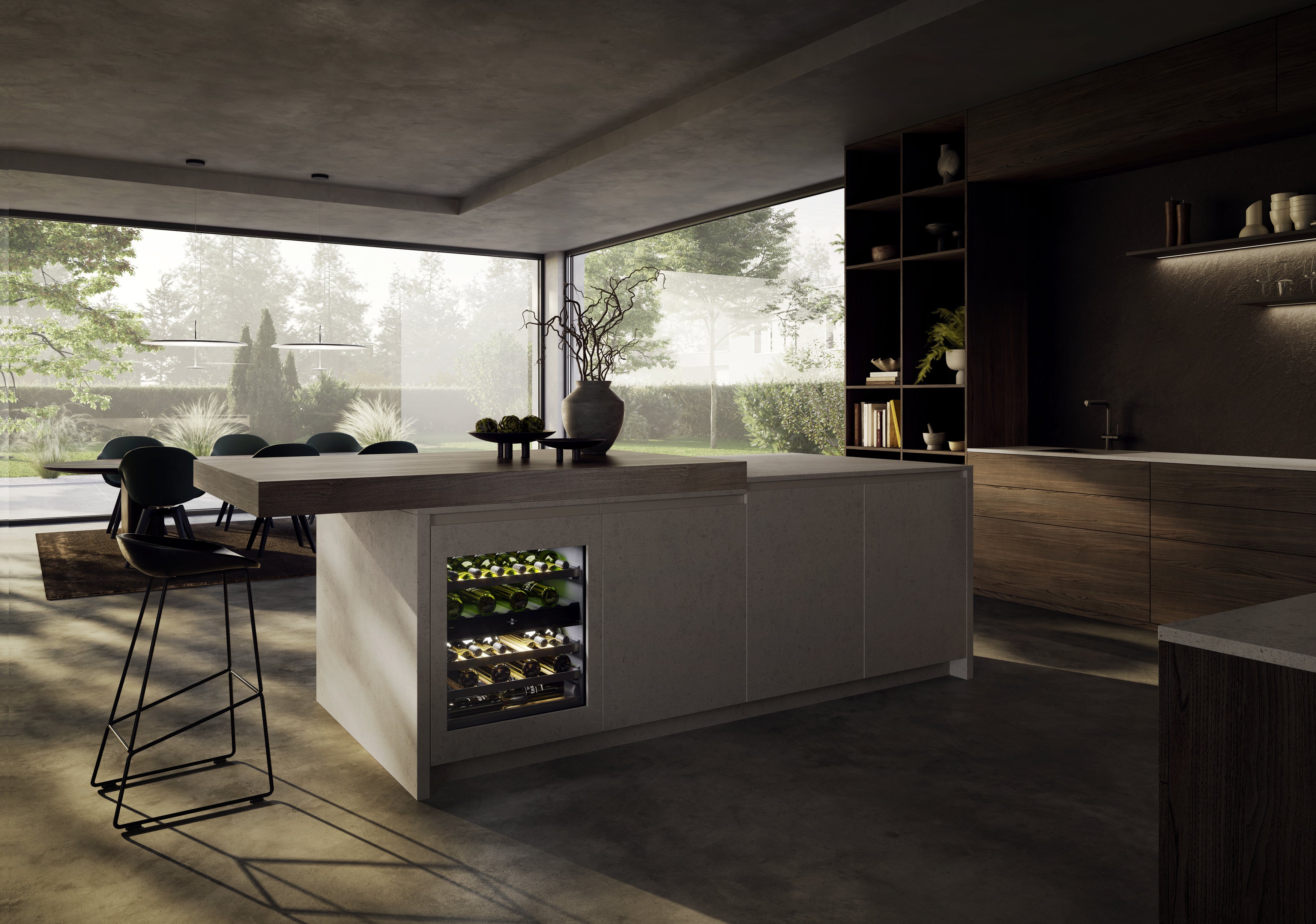 Wide contemporary kitchen featuring the Liebherr UWpr 3662 underbench wine fridge