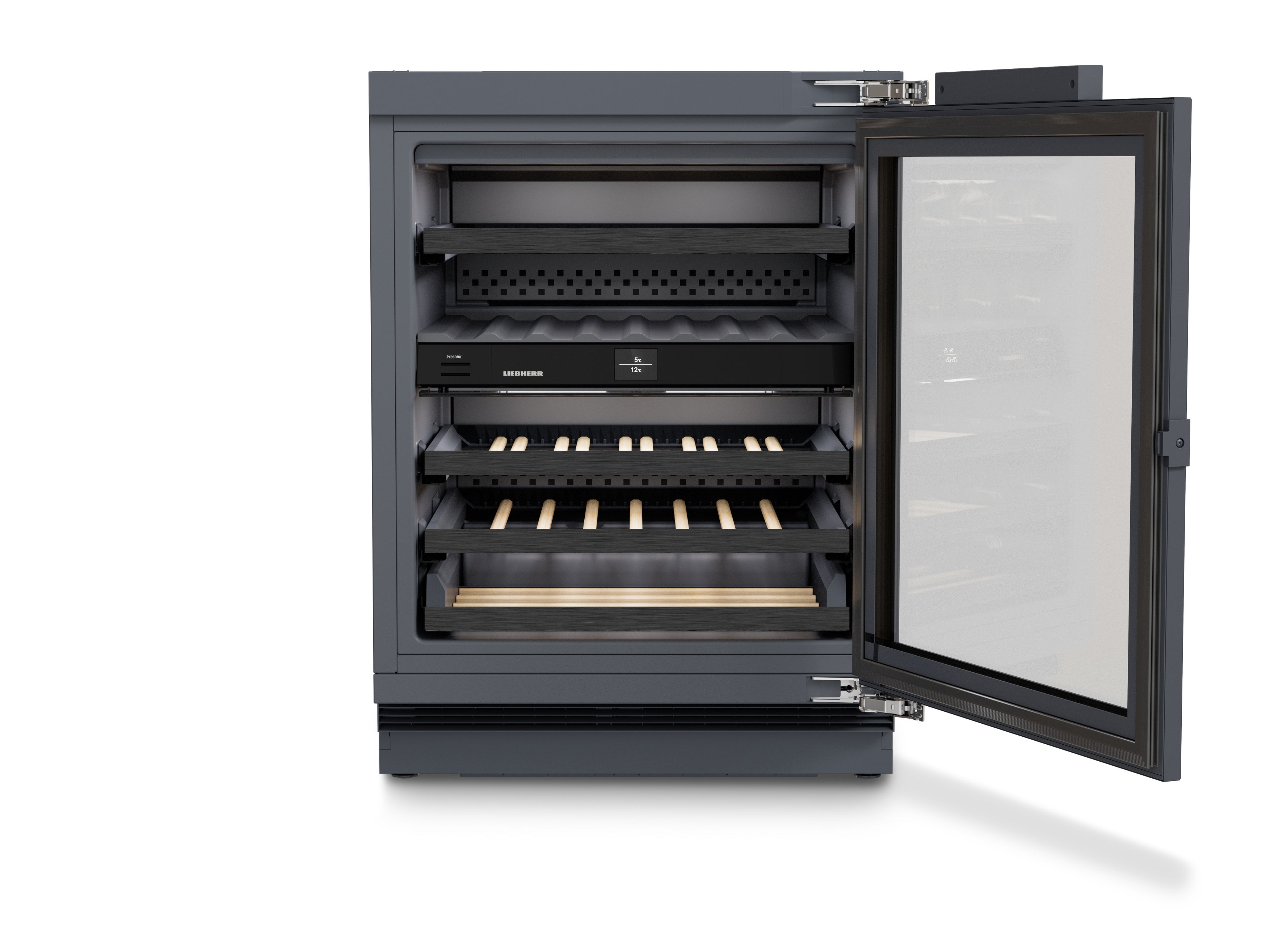 Liebherr UWpr 3662 underbench wine fridge with glass door open and empty shelves