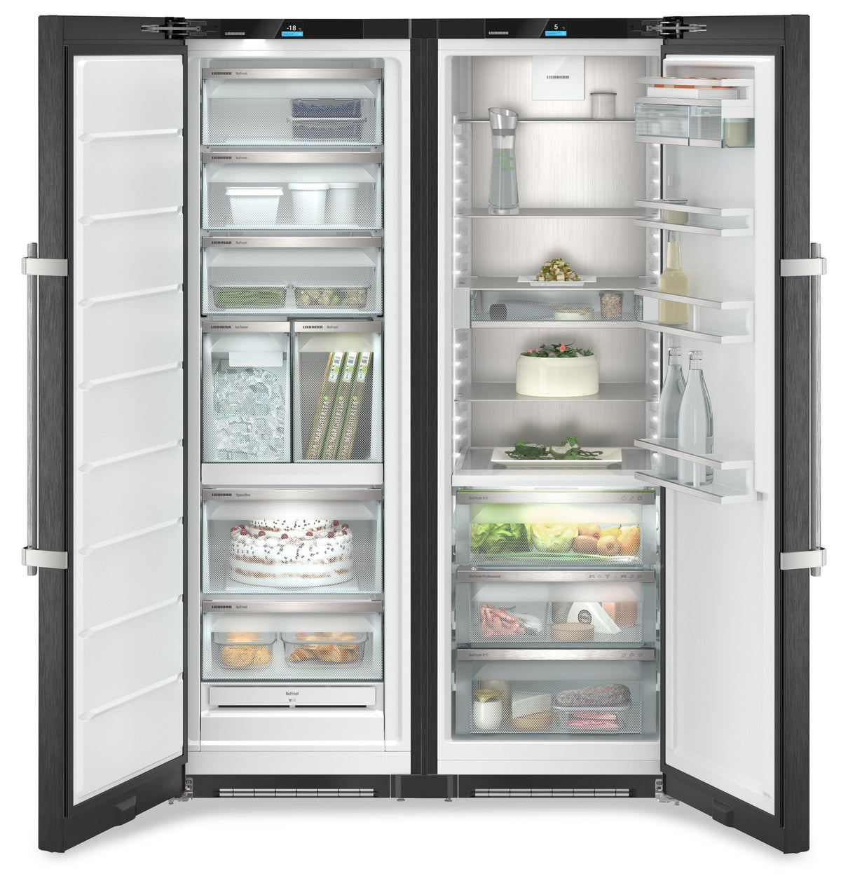 Liebherr XRFbsh 5265 BlackSteel side-by-side fridge-freezer with refrigerator door open