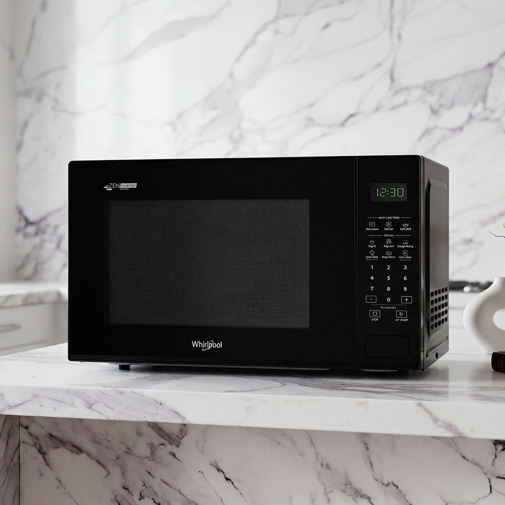 Whirlpool MWP421IB black microwave on a kitchen benchtop