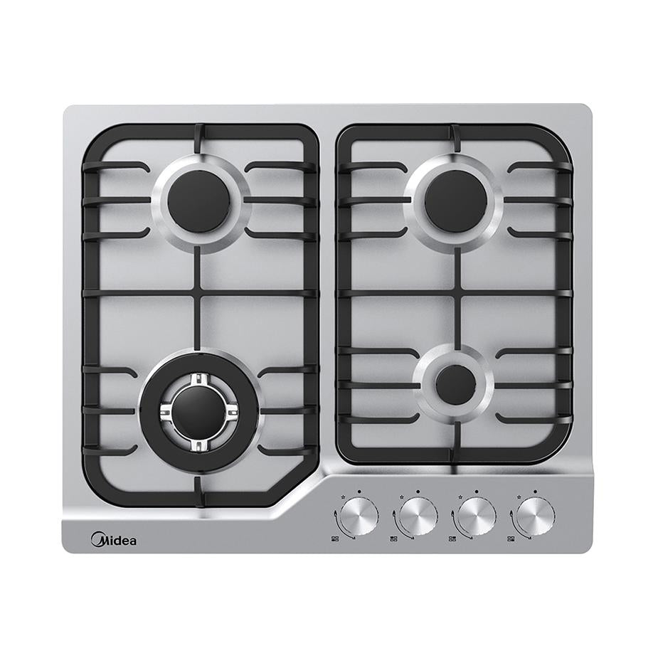 Midea MCG601SS 60cm Stainless Steel Gas Cooktop with four burners and cast iron pan supports