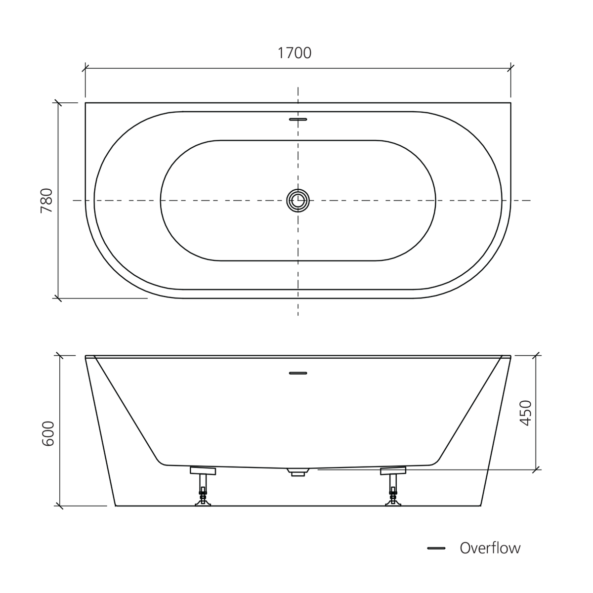 Oliveri Naples NA1700BTW-OF back-to-wall bath dimensions