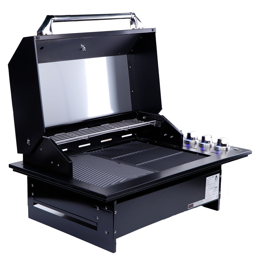 Smart 4000DG-SL-BLK drop-in gas BBQ in black angled view with hood open