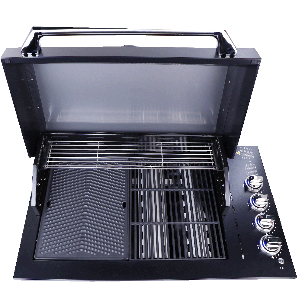 Smart 4000DG-SL-BLK drop-in gas BBQ in black top view with hood open and cast iron plates