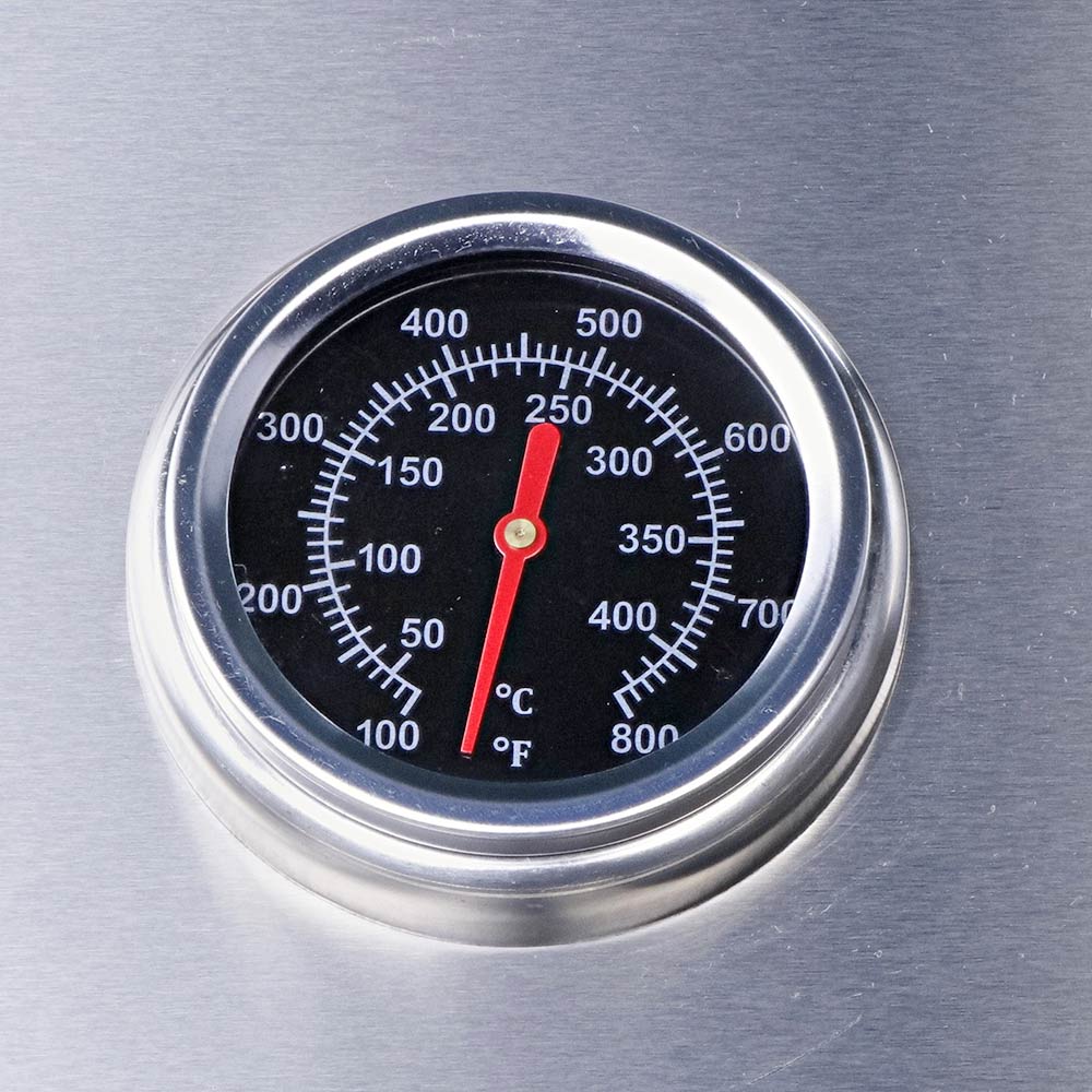 Smart drop-in gas BBQ integrated hood thermometer close-up