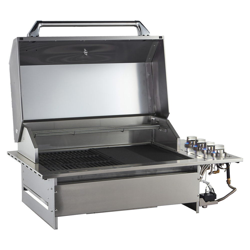 Smart 4000DG-SL-SS drop-in gas BBQ with hood open showing cast iron plates