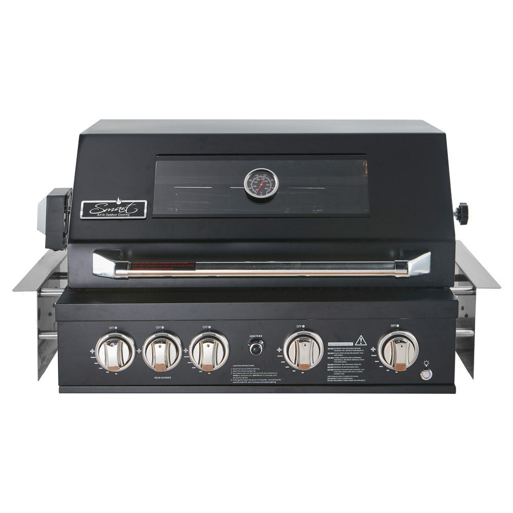 Smart 401WB black built-in gas BBQ front view with hood closed and control knobs