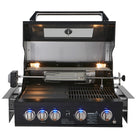 Smart 401WB black built-in gas BBQ front view with hood open and blue LED control knobs