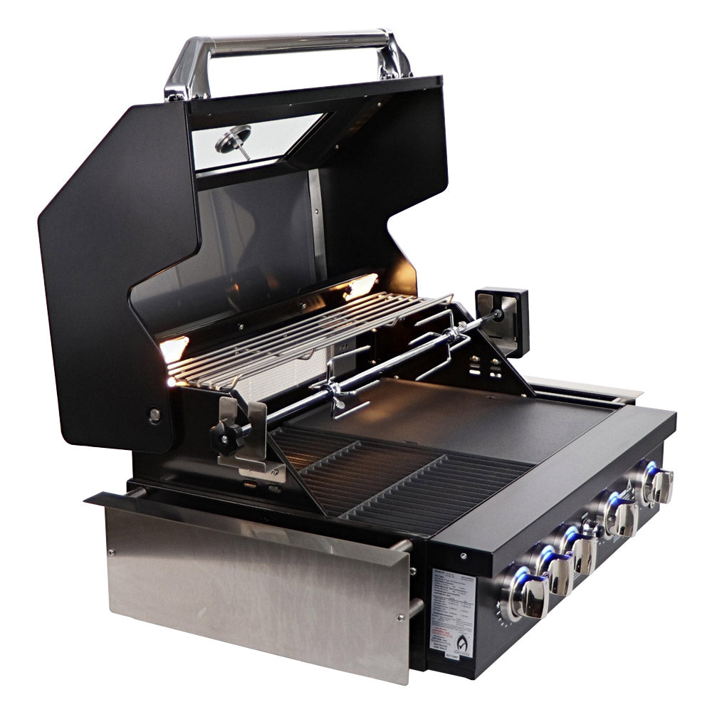Smart 401WB black built-in gas BBQ with hood raised showing rotisserie and cast iron plates