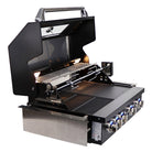 Smart 401WB black built-in gas BBQ with hood raised showing rotisserie and cast iron plates