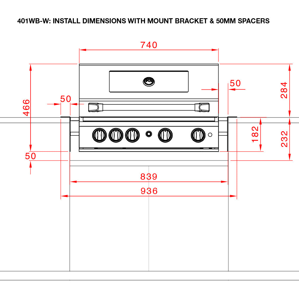 Smart 401WB installation drawing with mount bracket and 50mm spacers