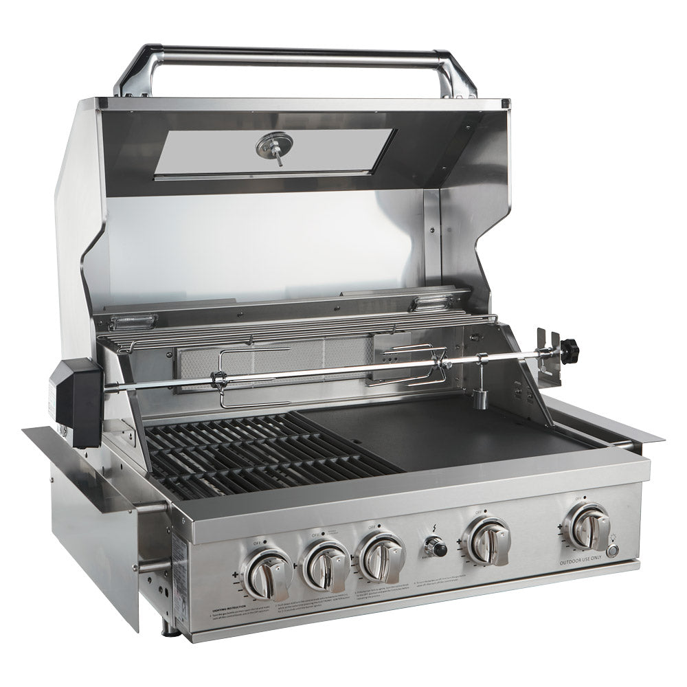 Smart 401WB stainless steel built-in gas BBQ with hood open showing cast iron plates and warming rack