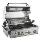 Smart 401WB stainless steel built-in gas BBQ with hood open showing cast iron plates and warming rack