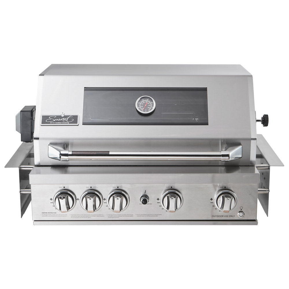 Smart 401WB stainless steel built-in gas BBQ front view with hood closed and control knobs