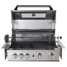 Smart 401WB stainless steel built-in gas BBQ front view with hood open and rotisserie