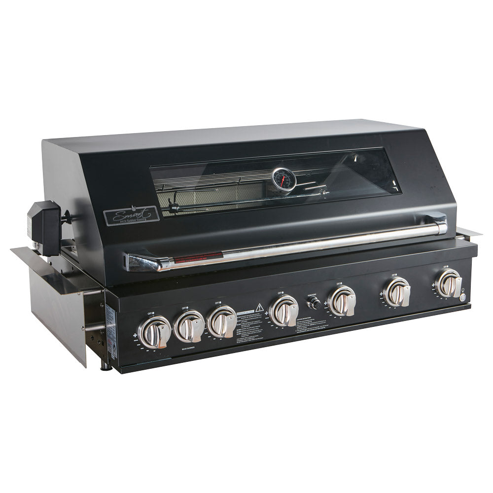 Smart 601WB 6 burner built-in gas BBQ with rotisserie in black, front left view with hood closed