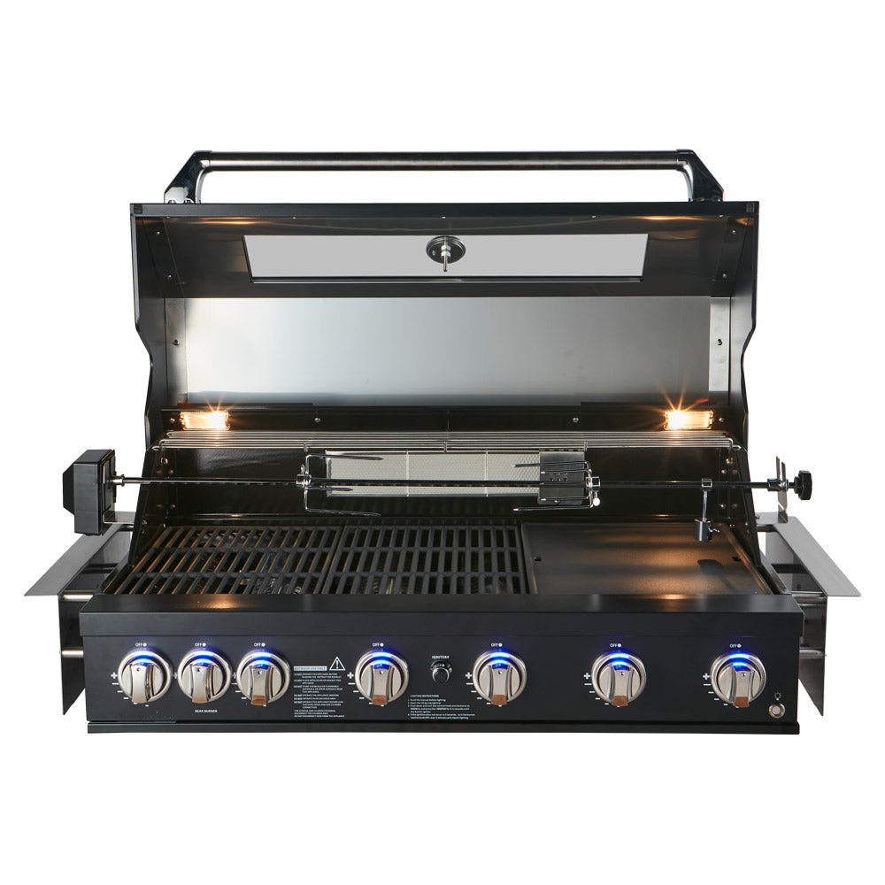 Smart 601WB black built-in gas BBQ front view with hood open and blue LED control knobs
