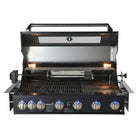 Smart 601WB black built-in gas BBQ front view with hood open and blue LED control knobs