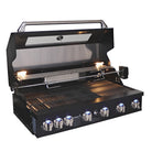 Smart 601WB black built-in gas BBQ with hood open and under-hood lighting