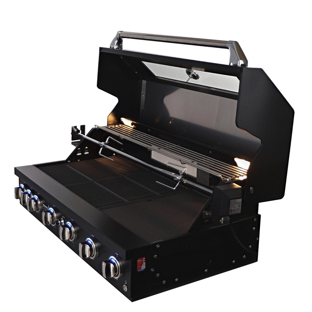 Smart 601WB black built-in gas BBQ angled view with hood raised and rotisserie