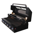 Smart 601WB black built-in gas BBQ angled view with hood raised and rotisserie