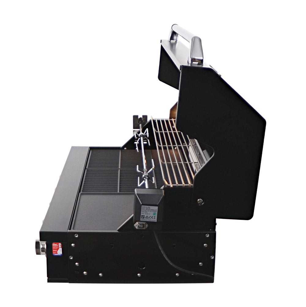 Smart 601WB black built-in gas BBQ side view with hood raised