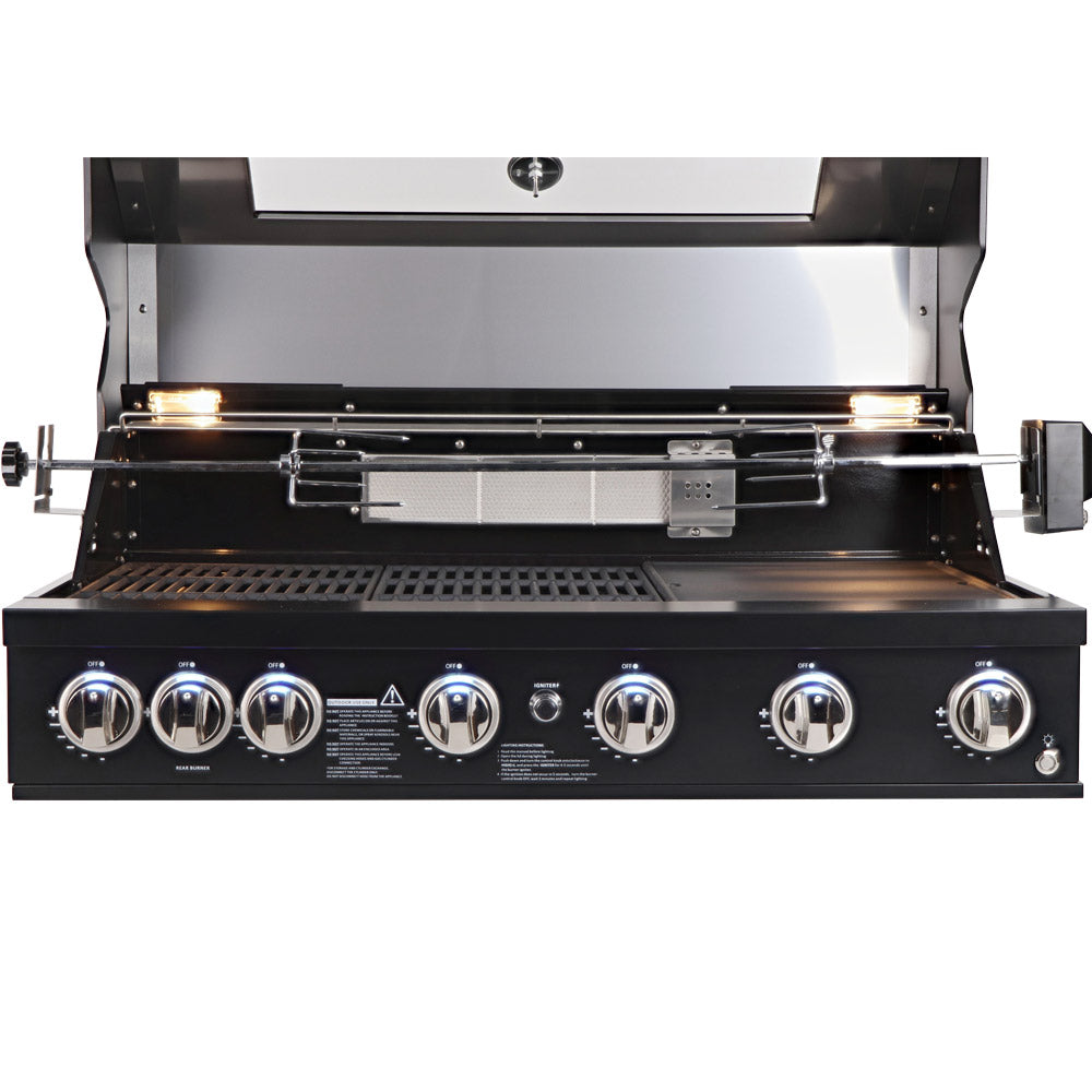 Smart 601WB black built-in gas BBQ front view with hood open and rotisserie