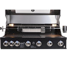 Smart 601WB black built-in gas BBQ front view with hood open and rotisserie