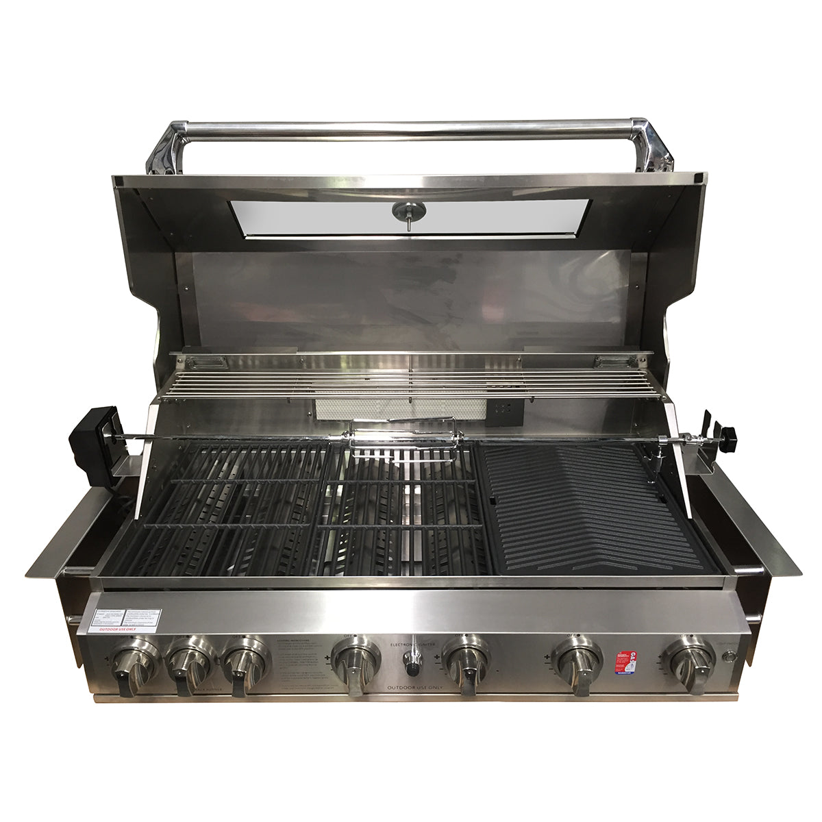 Smart 601WB stainless steel built-in gas BBQ with hood open and cast iron grill plates