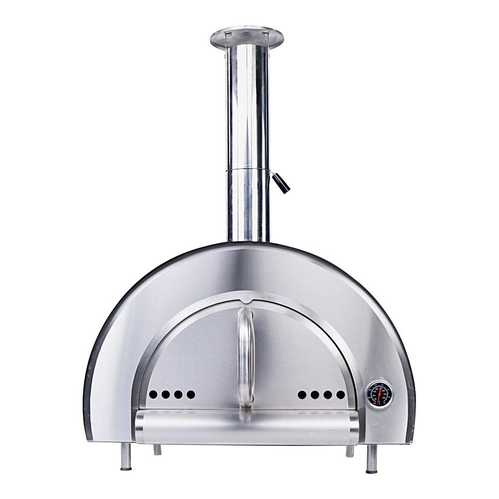 Smart PW01 wood fired pizza oven front view with arched door and chimney