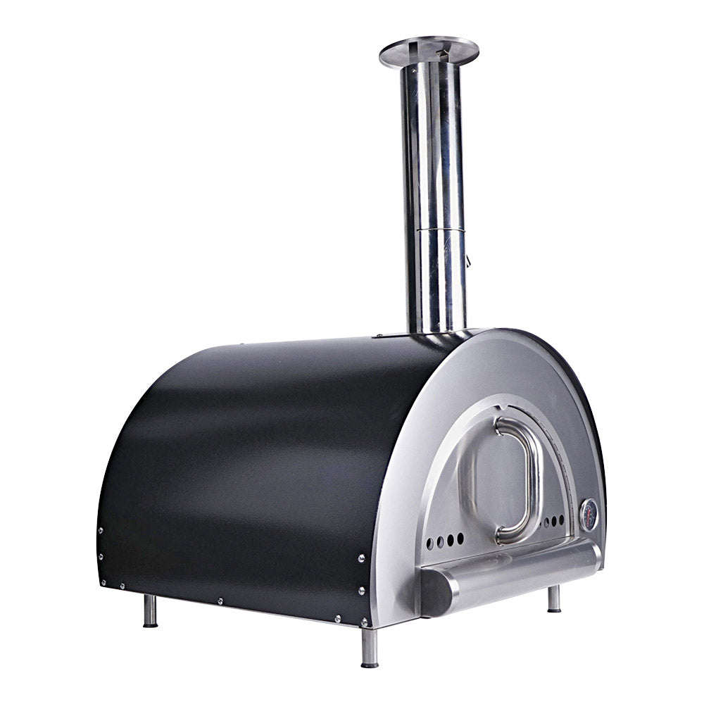 Smart PW01 wood fired pizza oven angled view showing black exterior and stainless steel front