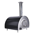 Smart PW01 wood fired pizza oven angled view showing black exterior and stainless steel front