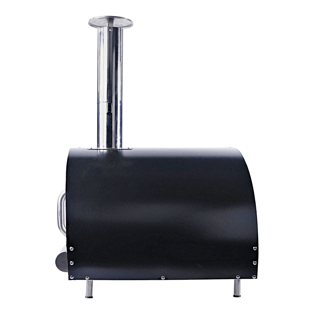 Smart PW01 wood fired pizza oven side angle showing black textured dome