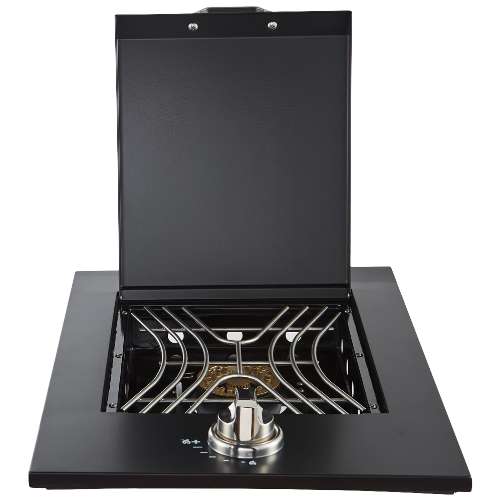 Smart SMA-DSG0010-BLK drop-in side burner in black front view with lid open and cooking grid