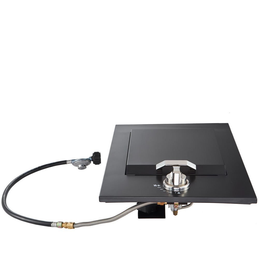 Smart SMA-DSG0010-BLK drop-in side burner in black with lid closed and gas hose