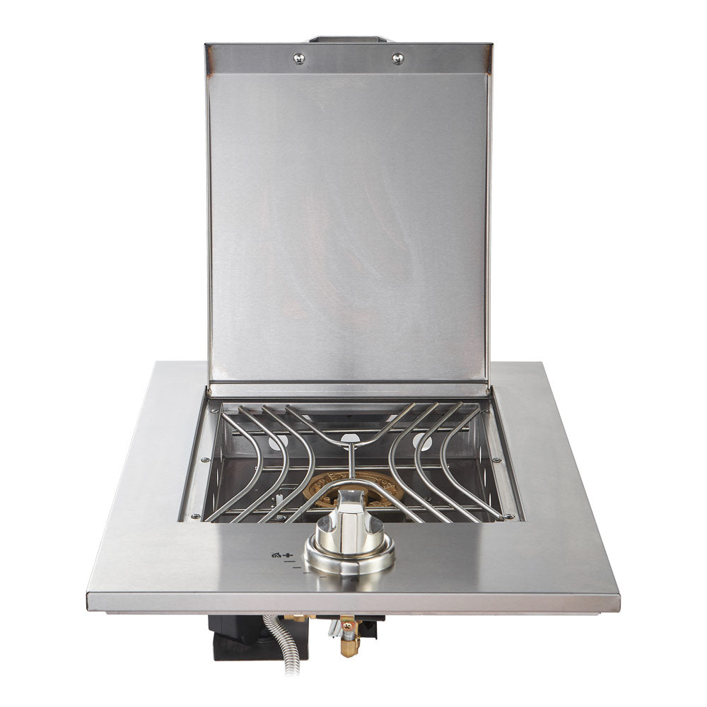Smart SMA-DSG0010-SS drop-in side burner front view with lid open and cooking grid