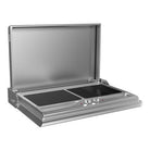 Smart WM700EW wall mounted foldaway electric BBQ in stainless steel with the lid open showing two ceramic glass cooking plates