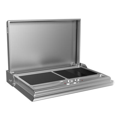 Smart WM700EW wall mounted foldaway electric BBQ in stainless steel with the lid open showing two ceramic glass cooking plates