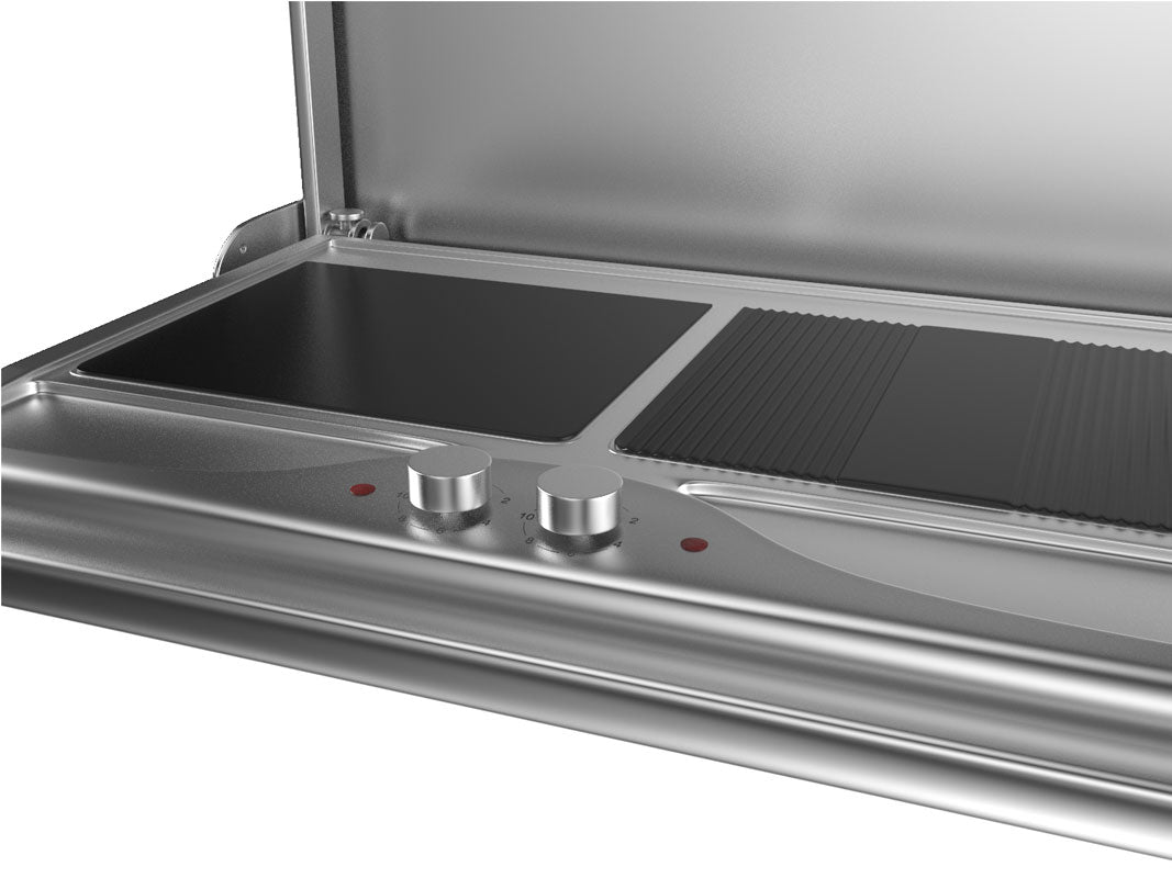 Close-up of the Smart WM700EW control knobs and red residual heat indicator lights