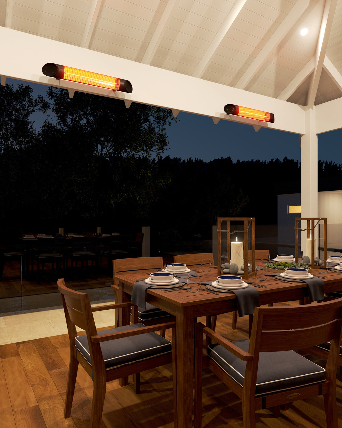 Thermogroup Ash outdoor heaters installed above an outdoor dining area