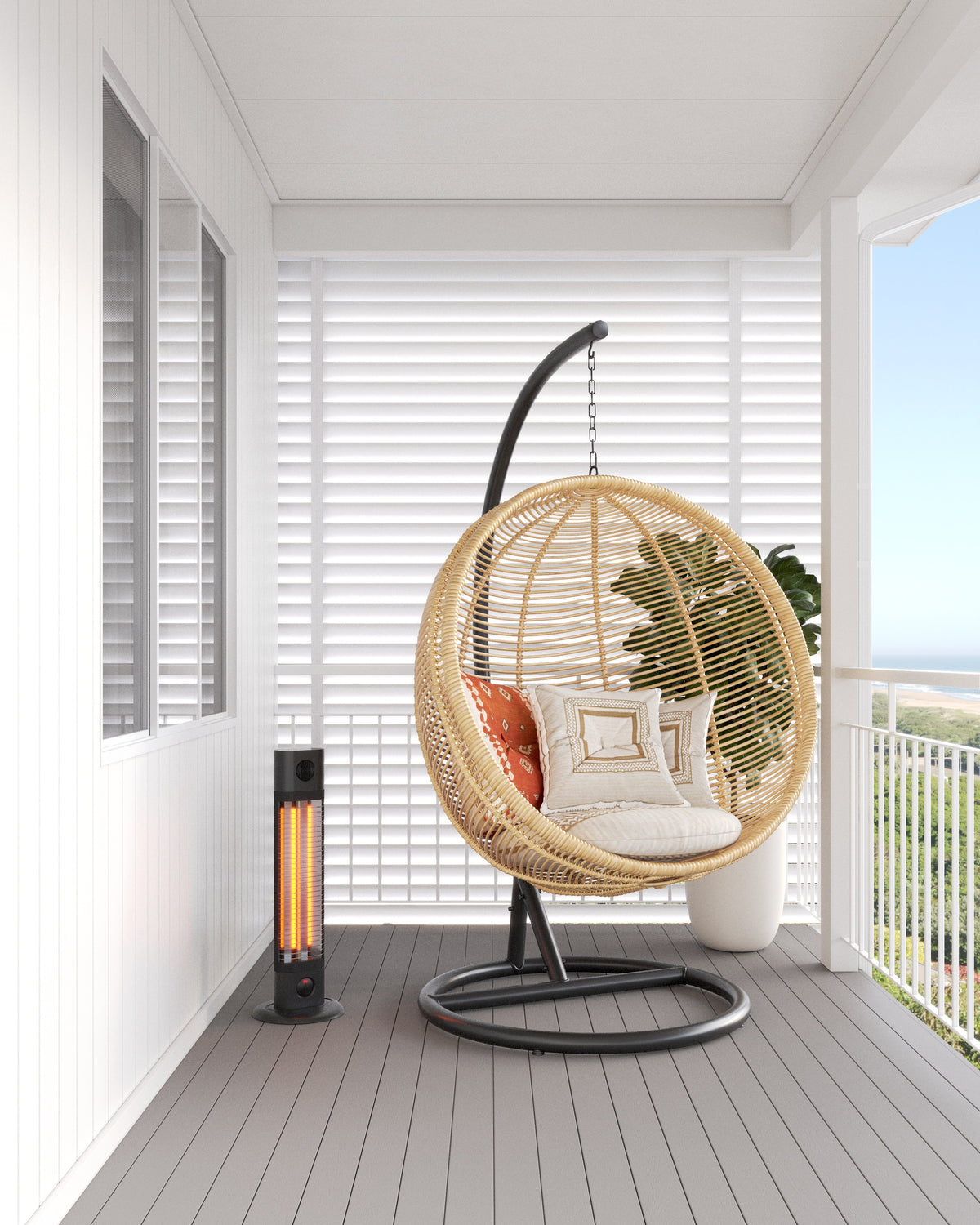 Thermogroup Cedar freestanding Black outdoor heater on a covered balcony