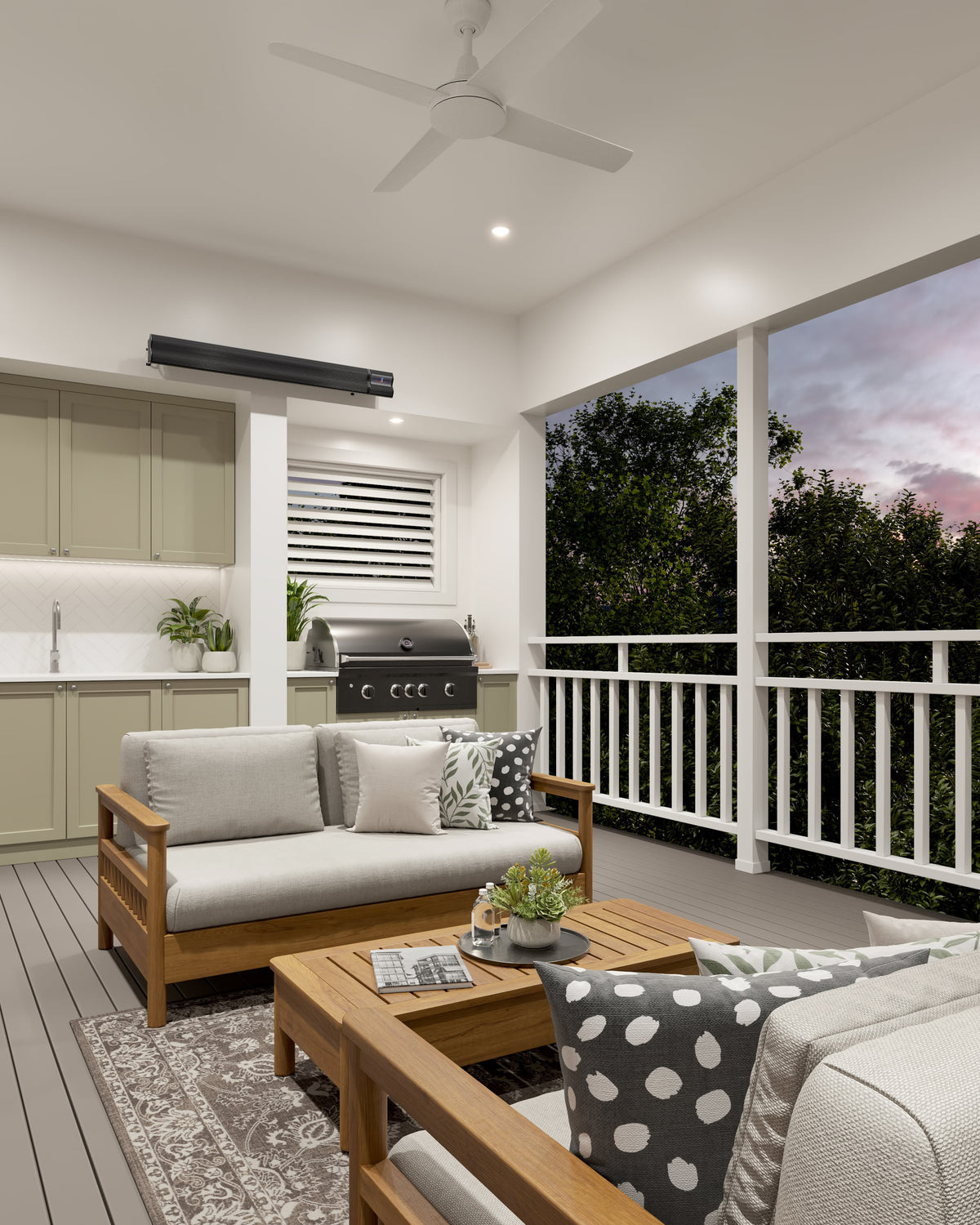 Supplier illustration of Lotus heater wall-mounted in a sheltered alfresco area
