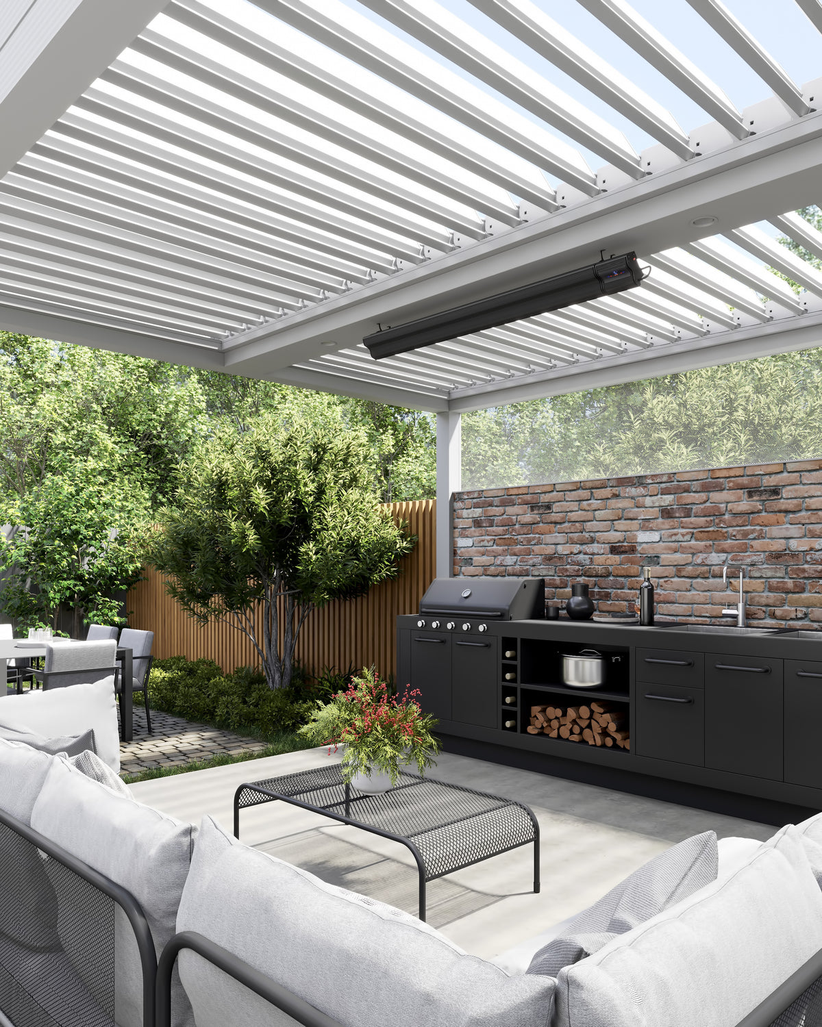 Supplier illustration of Lotus heater mounted above an outdoor entertaining area