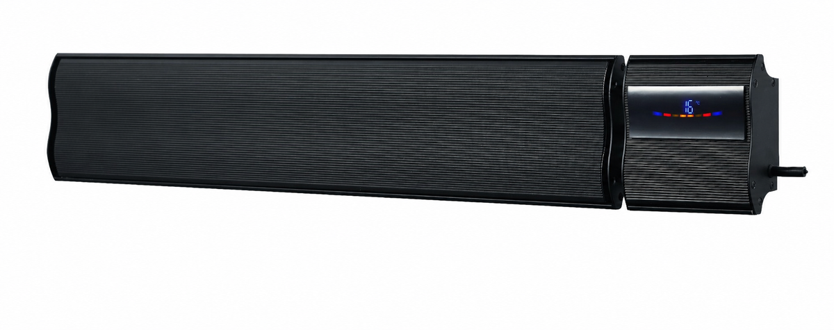 Thermogroup Lotus LO1200WB black long-wave outdoor heater, angled view