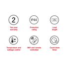 Thermogroup Lotus heater features: two-year warranty, IP44, 1.5m lead, temperature and wattage control, Wi-Fi and remote control, countdown timer