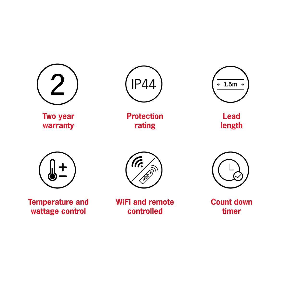 Thermogroup Lotus heater features: two-year warranty, IP44, 1.5m lead, temperature and wattage control, Wi-Fi and remote control, countdown timer