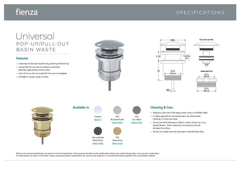 Fienza WAS72 Universal Pop-Up/ Pull-Out Basin Waste