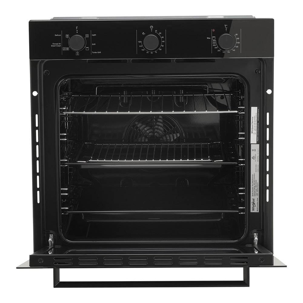 Whirlpool W3OMK35HR0BA black 60cm oven with door open