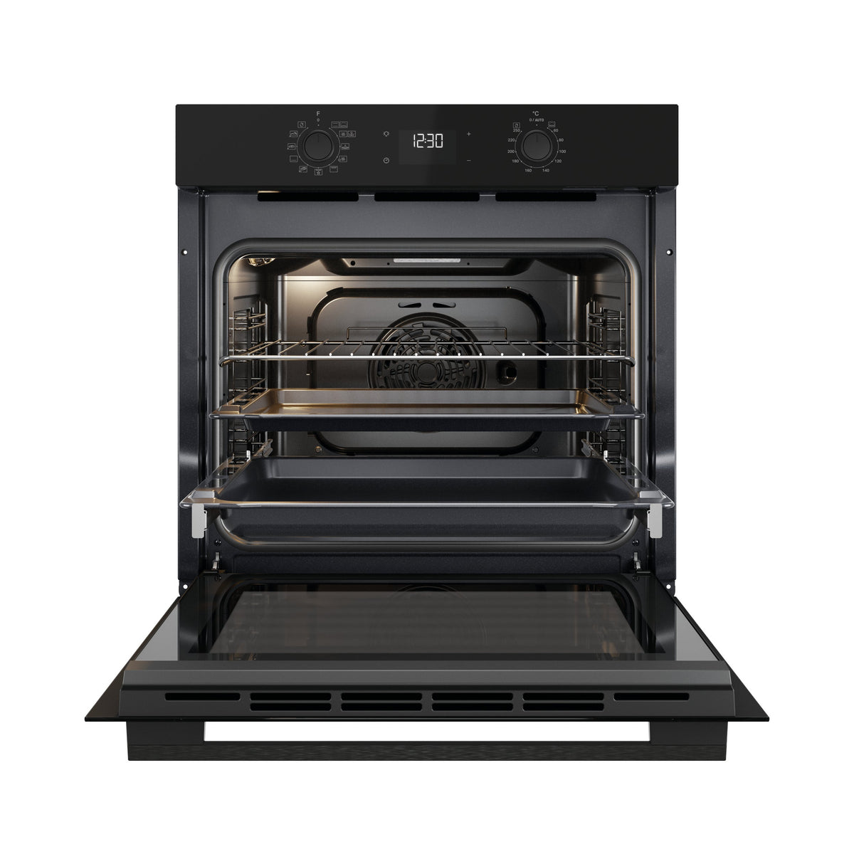 Whirlpool W4OMK581HU1BAUS black 60cm oven front view with door open