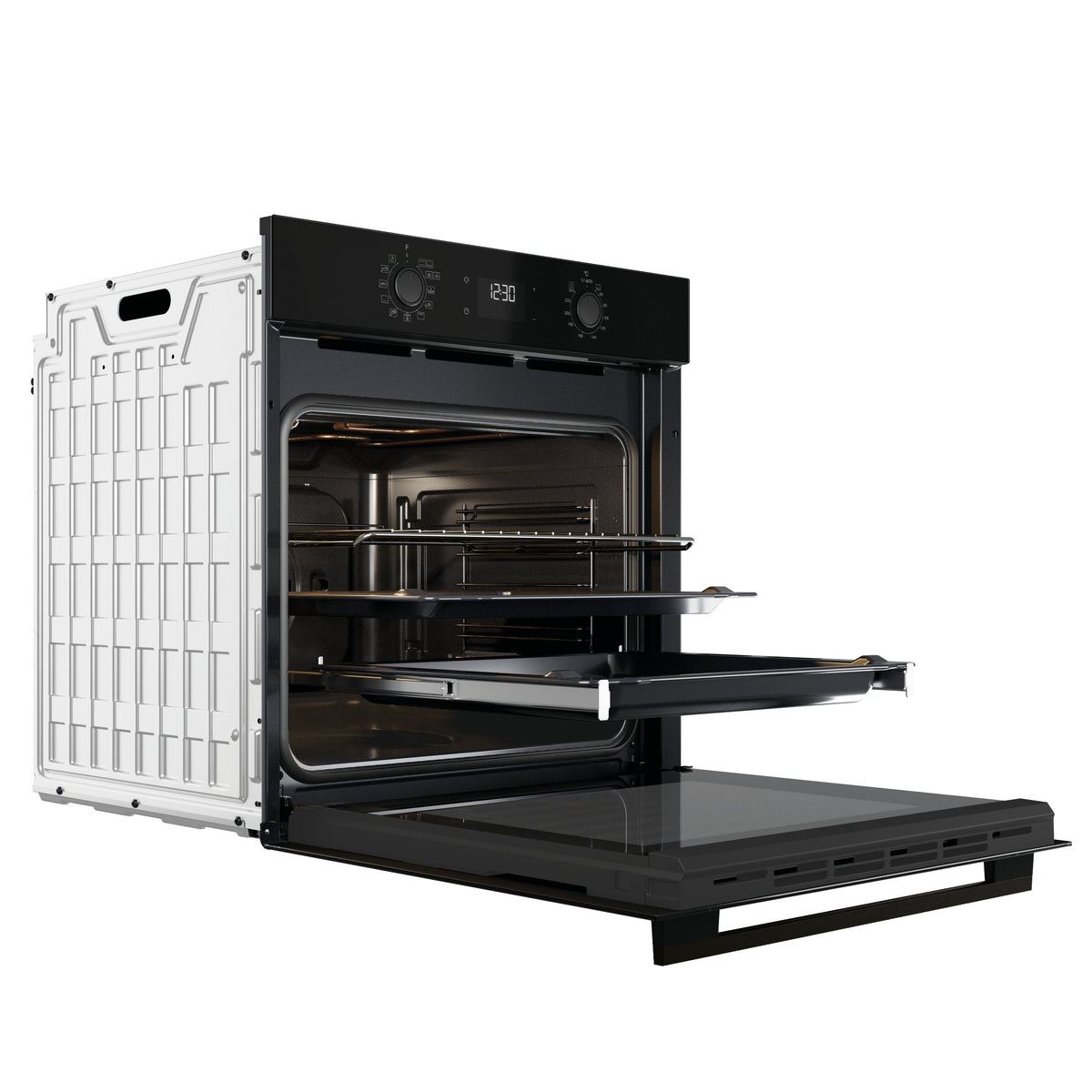 Whirlpool W4OMK581HU1BAUS black 60cm oven angled view with door open